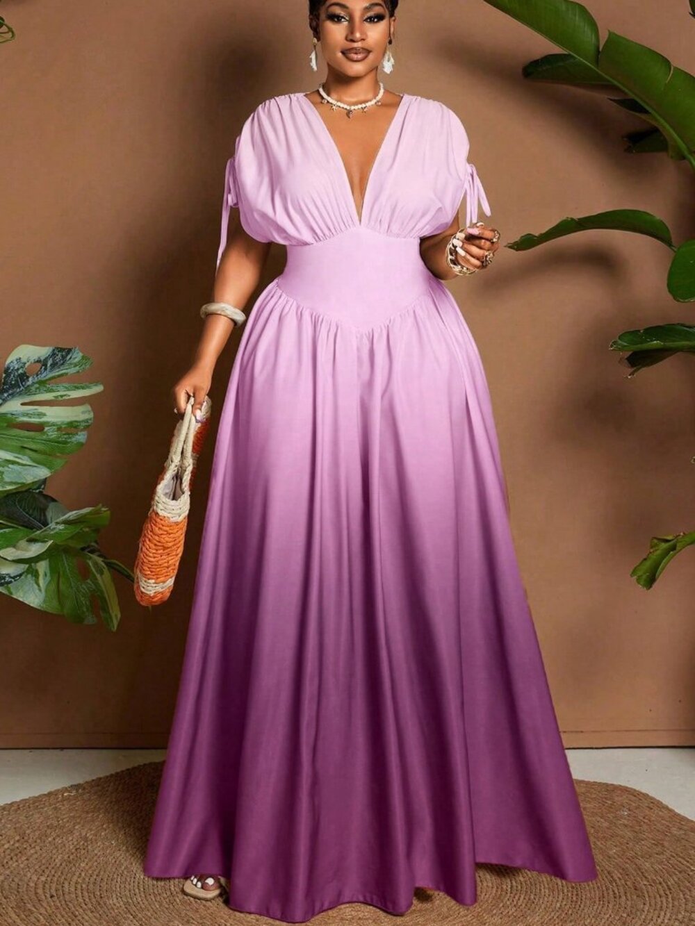 Multicolor Purple Women's Plus Size Ombre V-Neck A-Line Maxi Dress - Picture 3 of 7